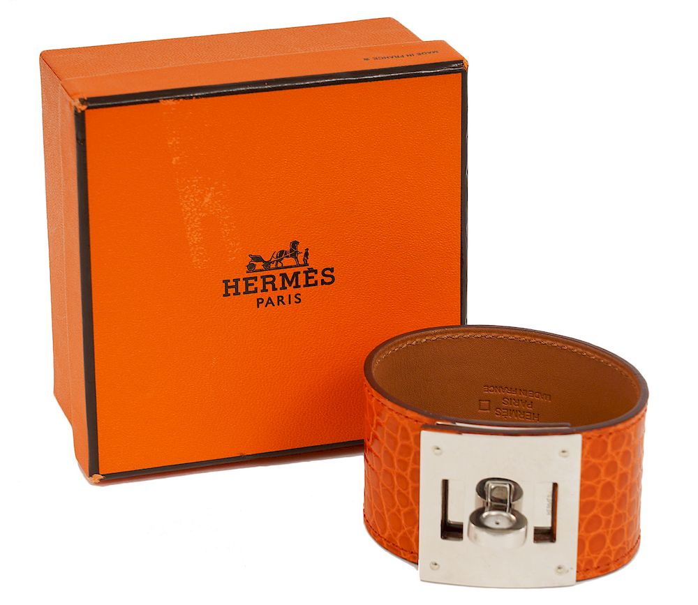 Appraisal: Herm s Orange Alligator Leather Kelly Dog Cuff Hermes Alligator