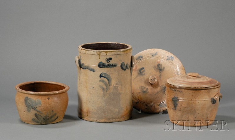 Appraisal: Three Cobalt-decorated Stoneware Crocks and a Cover America th century