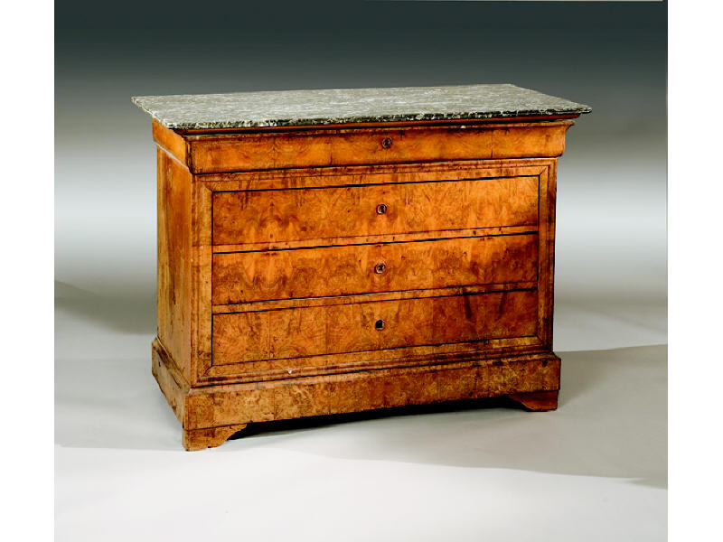 Appraisal: CONTINENTAL TH CENTURY BURL-WALNUT CHEST With rectangular grey veined marble