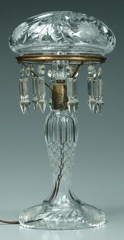 Appraisal: Cut glass lamp domed shade above tapered and diamond patterned