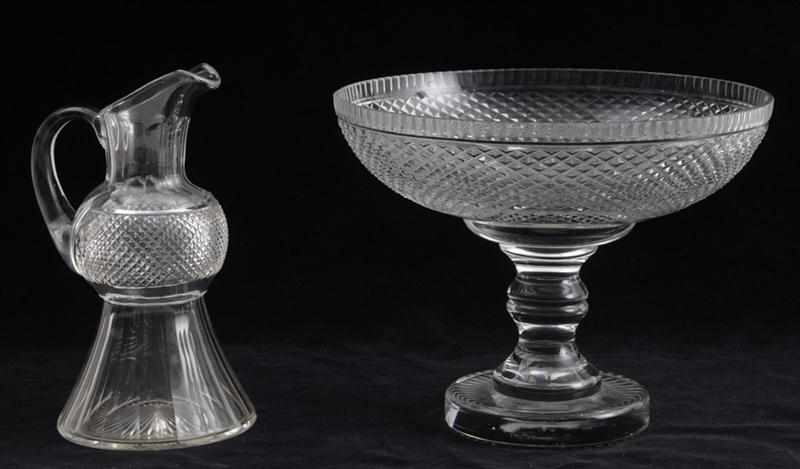 Appraisal: ANGLO-IRISH CUT-GLASS COMPOTE AND A THISTLE-FORM PITCHER The one with