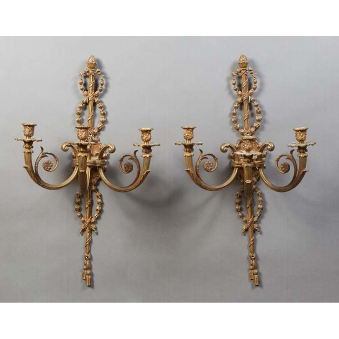 Appraisal: Pair of French Bronze Louis XVI Style Three Light Sconces