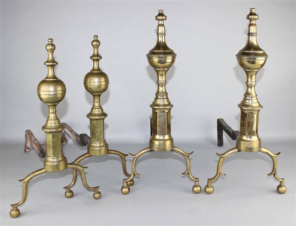 Appraisal: PAIR OF BRASS AND IRON BOSTON BALL TOP ANDIRONS early