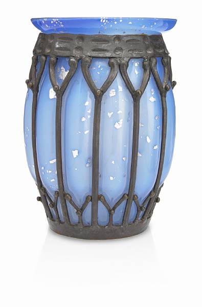 Appraisal: A Daum Nancy mottled glass and Majorelle wrought-iron vase circa