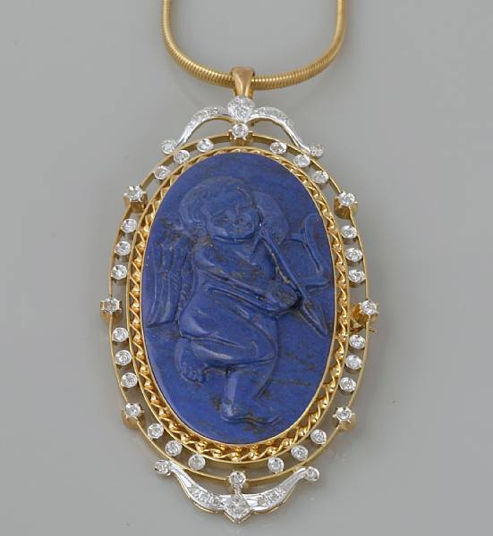 Appraisal: A lapis diamond and gold pendant with a gold chain