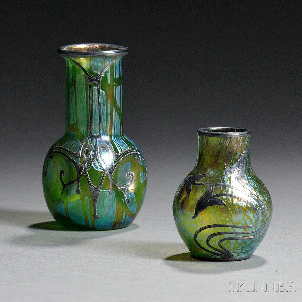 Appraisal: Two Attributed Loetz Vases with Metal Overlay Austria early th