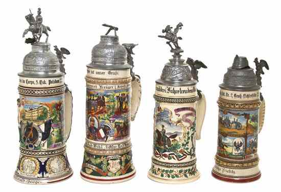 Appraisal: Four German Regimental Pottery Steins each liter depicting scenes of