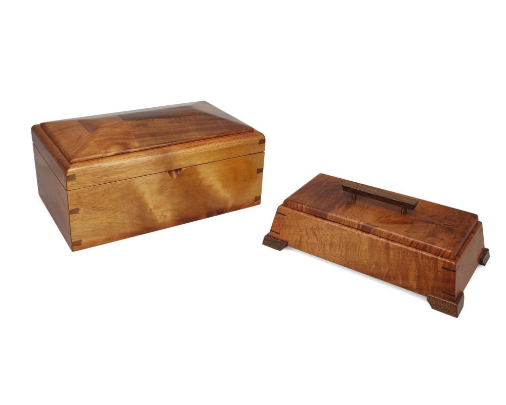 Appraisal: Two carved koa wood boxes Two works Robert Grundman b