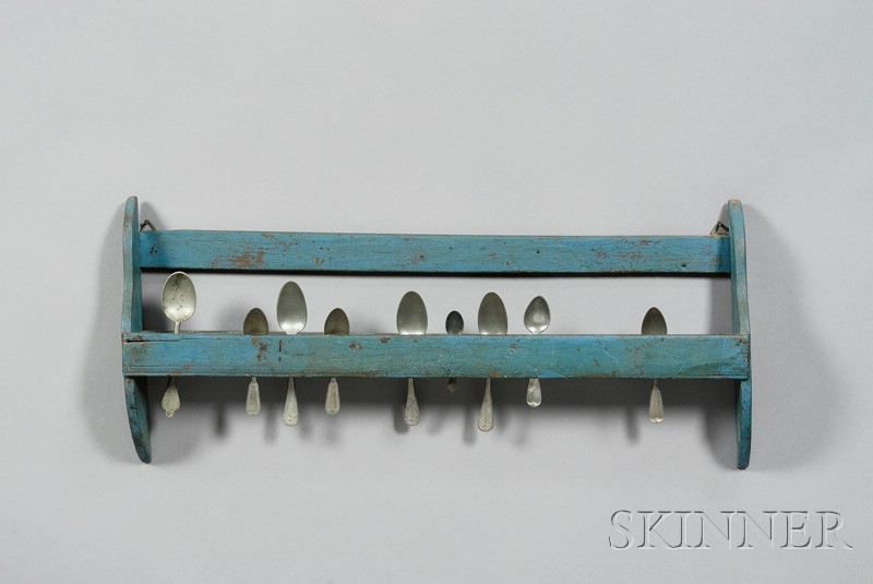 Appraisal: Blue-painted Hanging Wooden Spoon Rack with Nine Pewter Spoons America