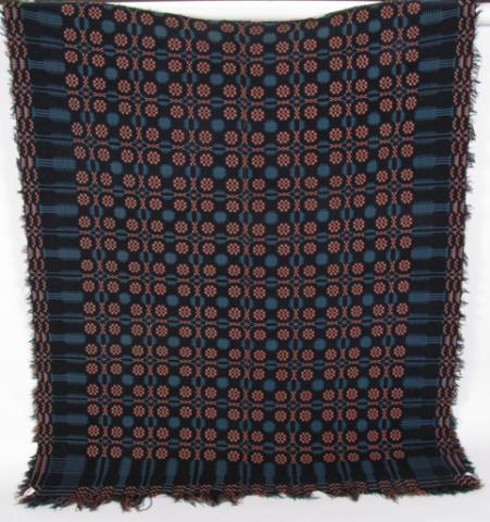 Appraisal: Antique two-tone jacquard coverlet full size red and blue with