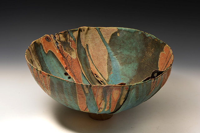 Appraisal: Sheila Fournier British - Monumental pierced pedestal bowl with turquoise