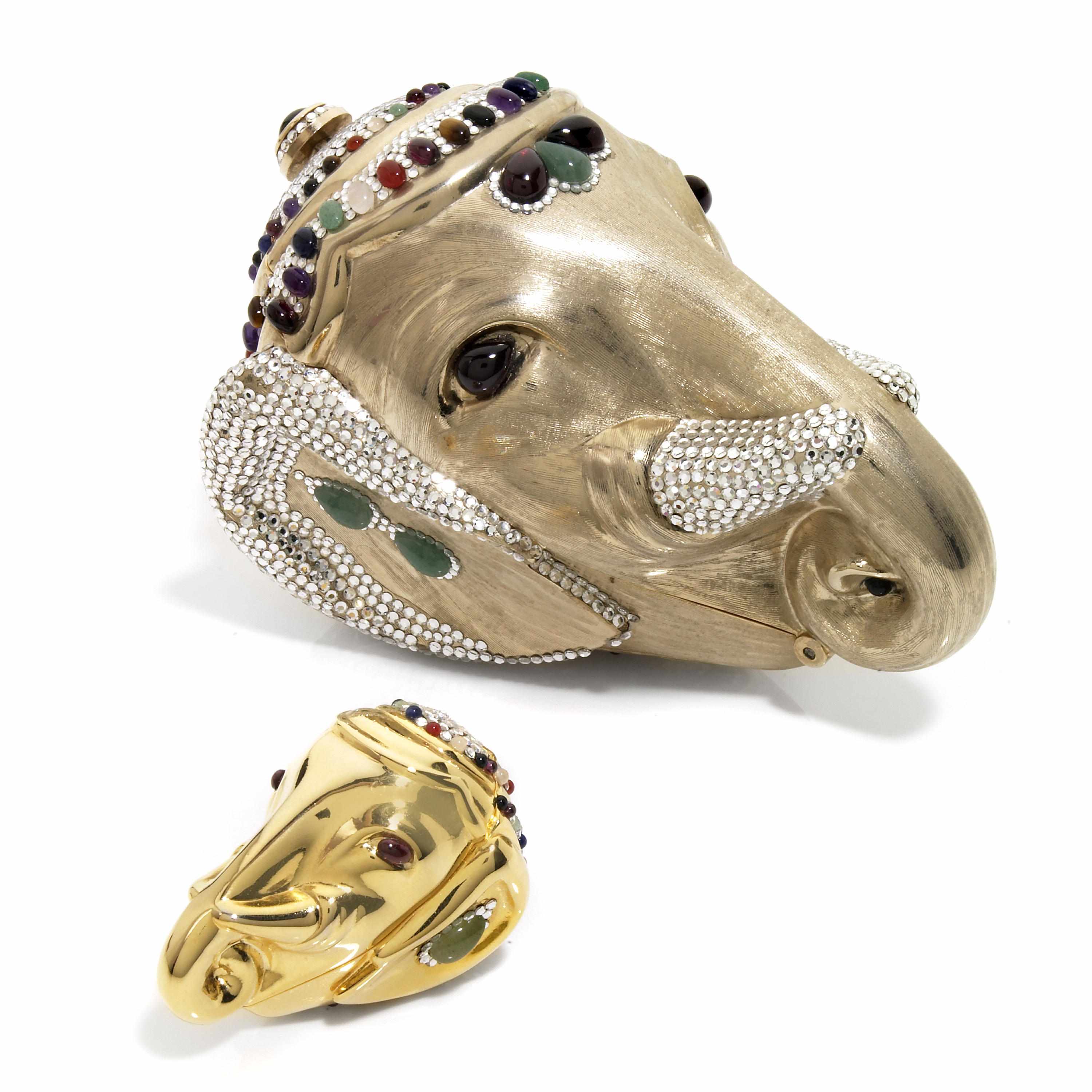 Appraisal: A silver crystal and semi-precious stone elephant head minaudiere with