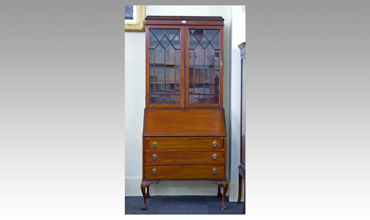 Appraisal: Mahogany Bureau Bookcase Glazed Bookcase With Adjustable Shelves Above Writing