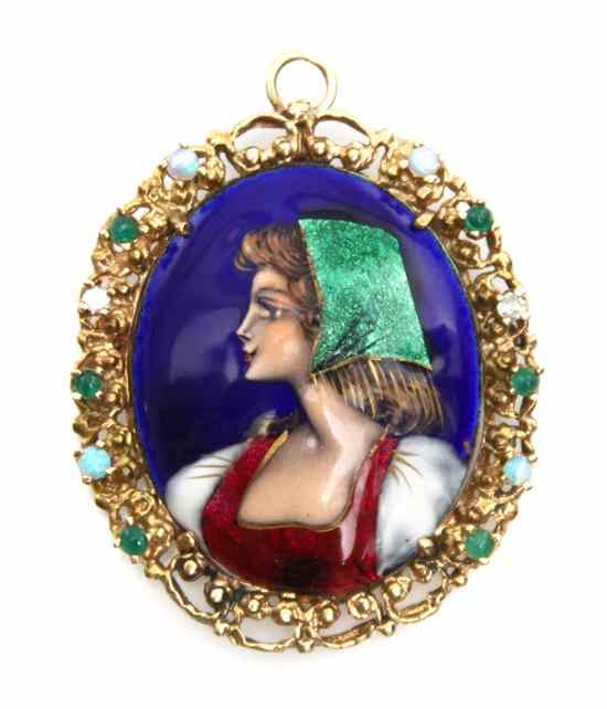 Appraisal: A Karat Yellow Gold Opal Emerald Diamond and Enamel Brooch