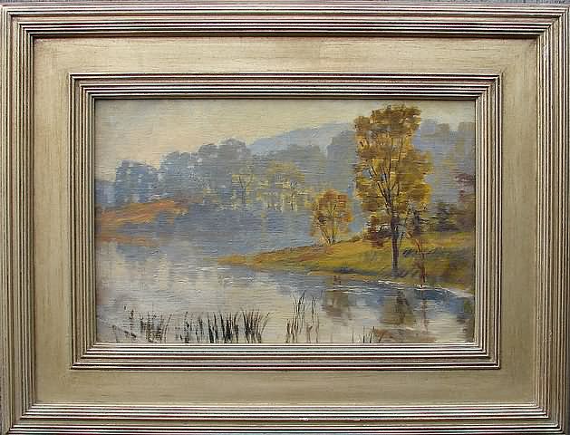 Appraisal: Lake scene with trees oil on canvas x Artist American