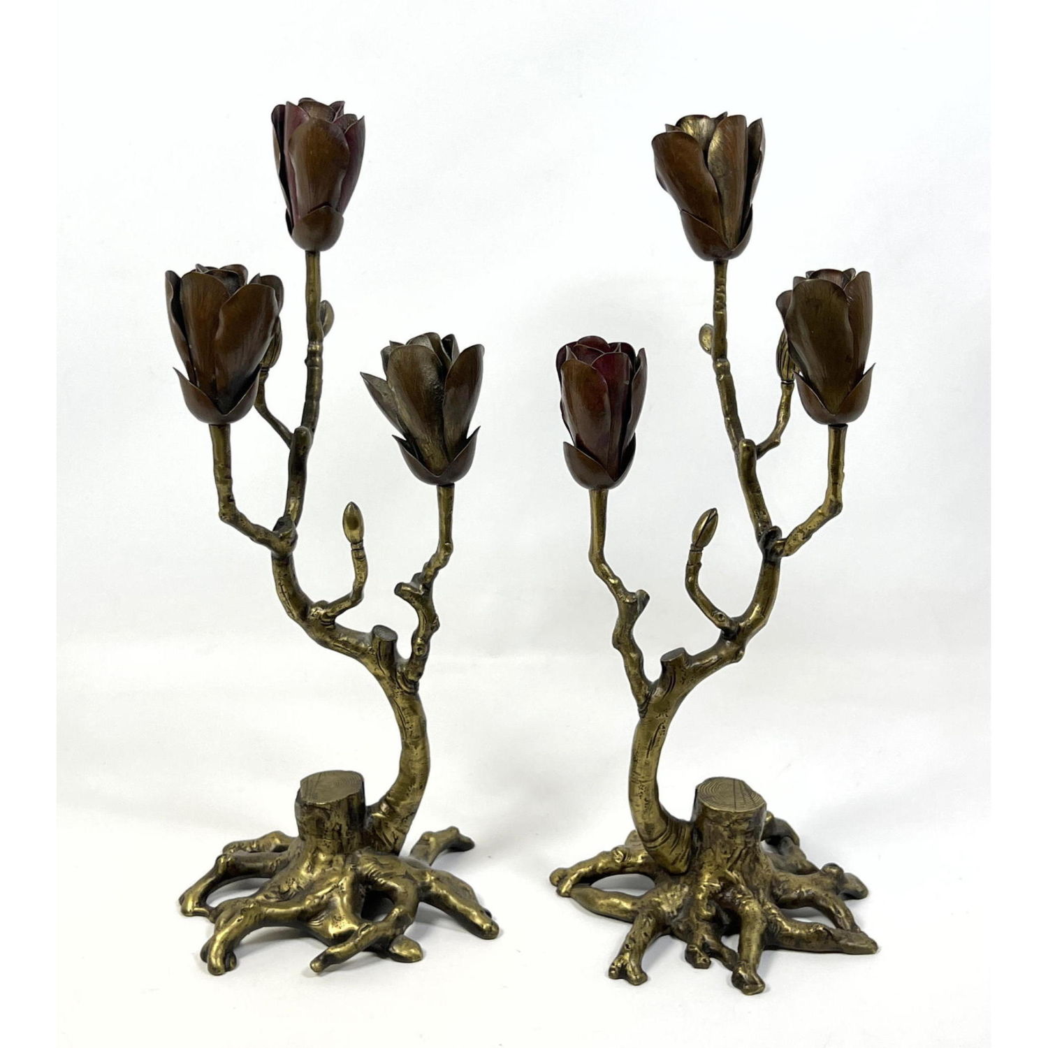 Appraisal: Pr Copper Petal Brass Branch Form Figural Sculptures Candleholders Petals