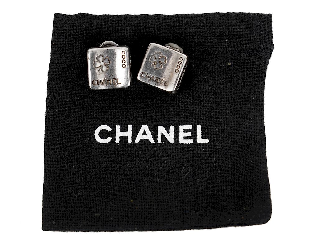 Appraisal: Chanel Sterling Silver Square Clip On Earrings Chanel clip on