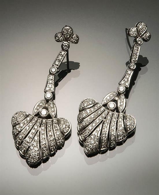 Appraisal: Pair of -Karat White-Gold and Diamond Pierced Pendant Earrings Each