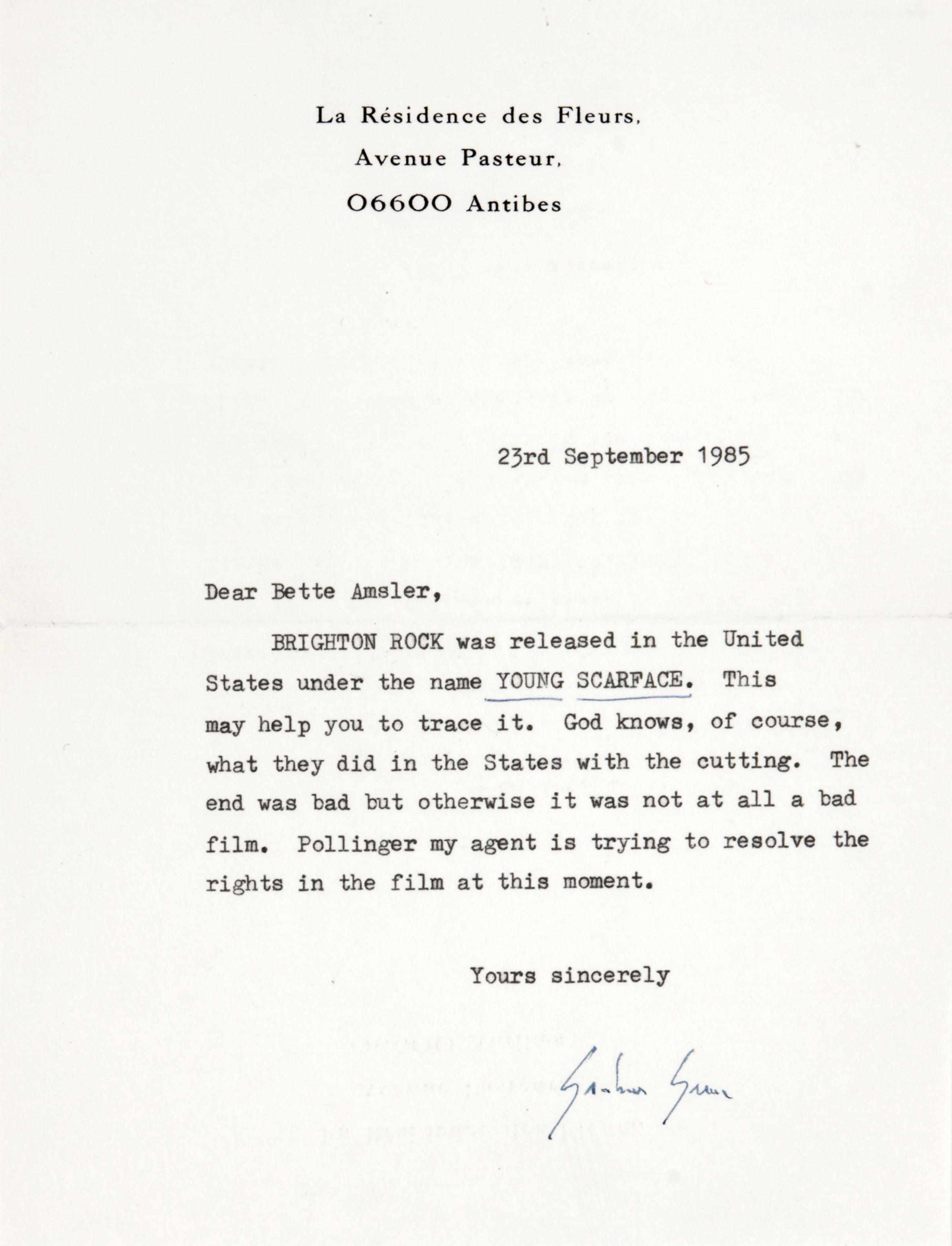 Appraisal: GREENE GRAHAM - Typed Letter Signed ''Graham Greene'' p vo