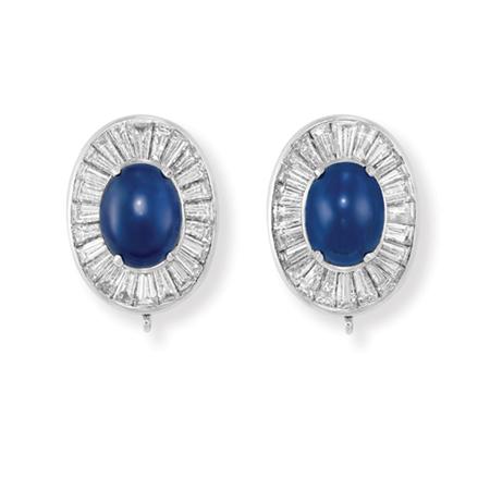 Appraisal: Pair of Cabochon Sapphire and Diamond Earclips Van Cleef Arpels