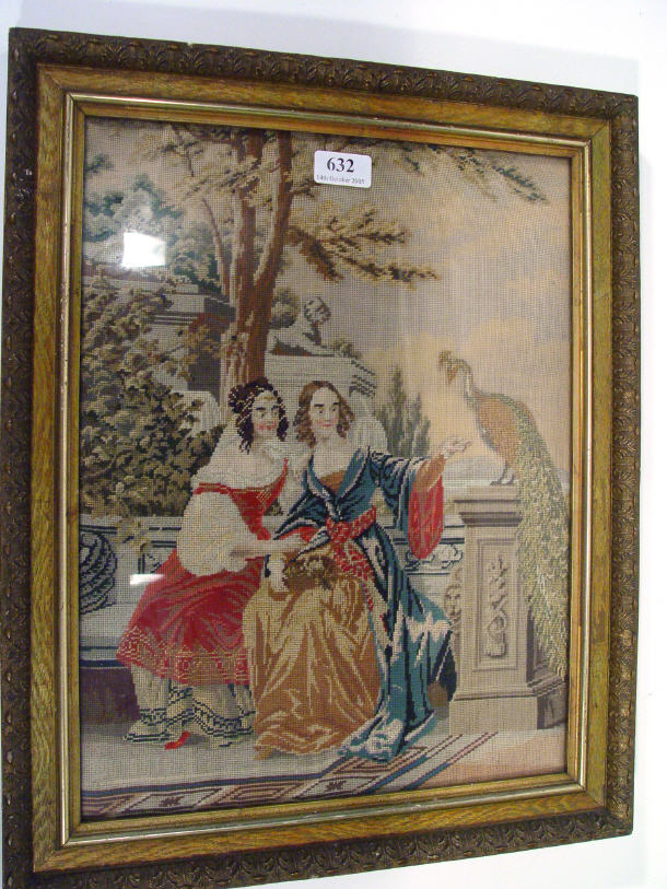 Appraisal: Tapestry of maidens feeding a peacock in a courtyard cm