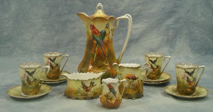 Appraisal: pc RS Prussia chocolate set with exotic bird decoration pot