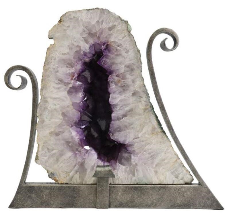 Appraisal: Amethyst cathedral geode Brazil on scrolled iron stand geode approx