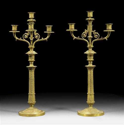 Appraisal: PAIR OF GILT BRONZE CANDELABRAS Restauration Paris th century H