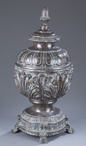 Appraisal: Bronze Urn with Lid Leaf motif around rim with acanthus