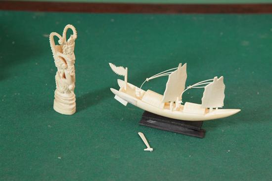 Appraisal: TWO IVORY CARVINGS Including one of a boat on a