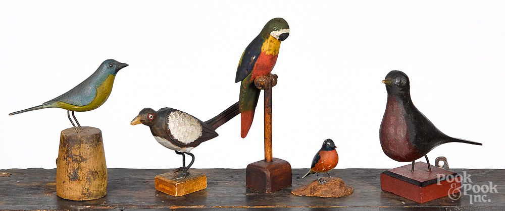 Appraisal: Five folk art carved and painted birds Five folk art