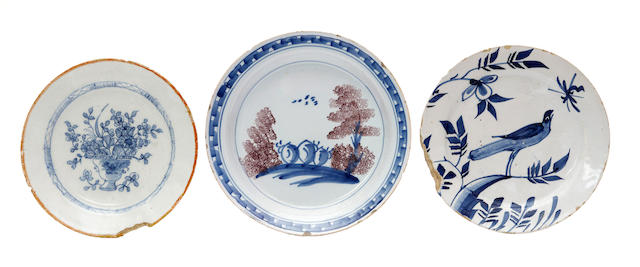 Appraisal: Three English delftware plates circa - One of Farmyard type