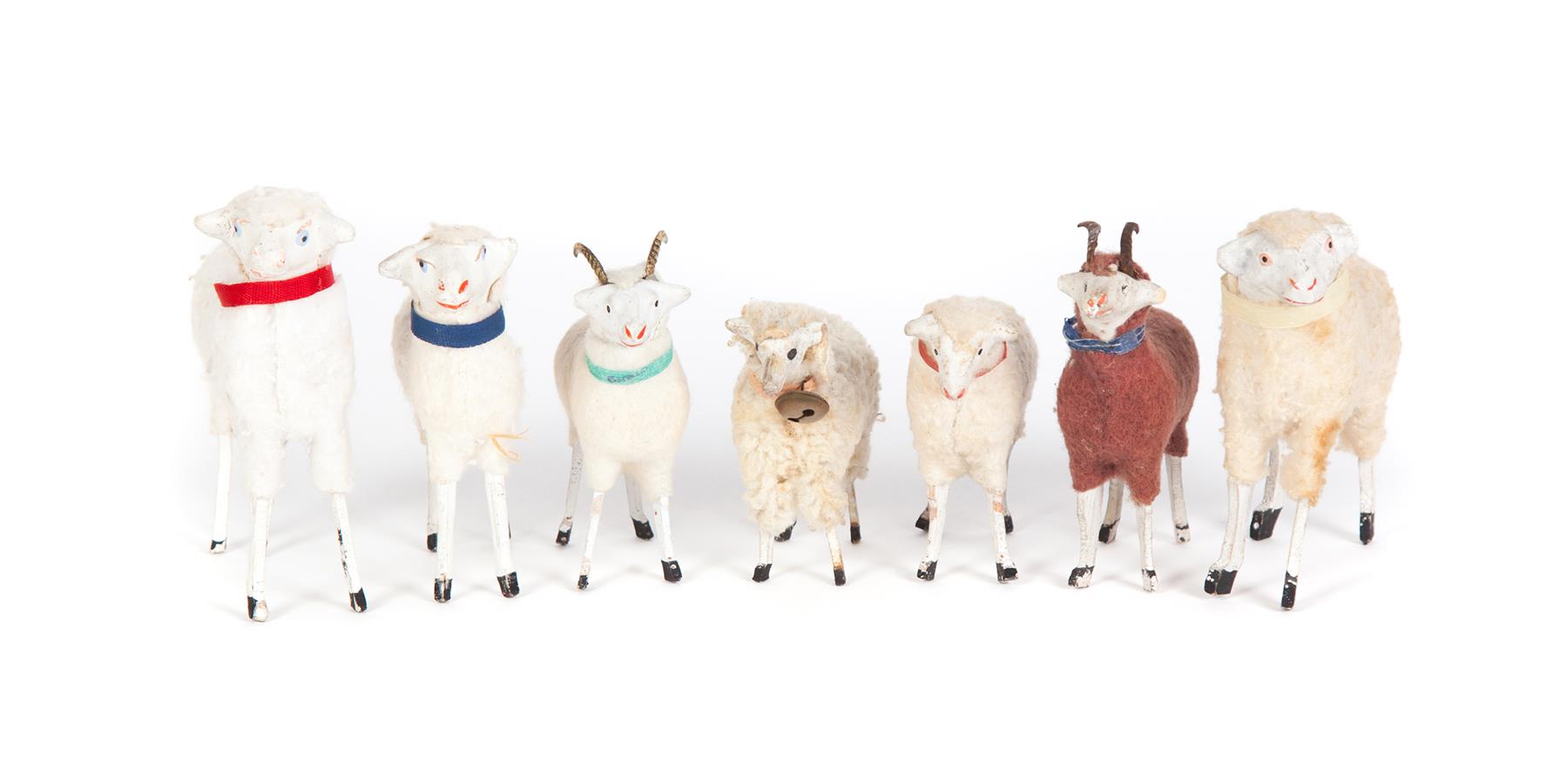 Appraisal: FIVE WOOLLY STICK LEGGED NATIVITY SHEEP AND TWO RAMS Circa