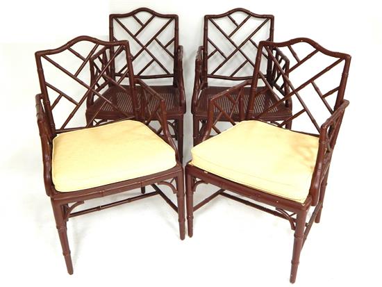 Appraisal: Four Chinese Chippendale style armchairs painted a maroon-brown color bamboo-turned