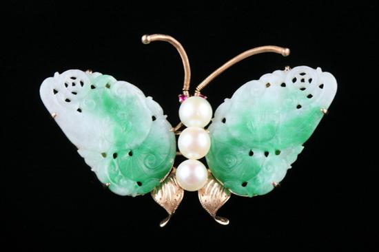 Appraisal: K YELLOW GOLD CARVED APPLE GREEN JADE CULTURED PEARL AND