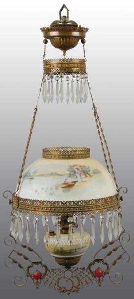 Appraisal: Hanging Victorian Parlor Kerosene Lamp Description Original decorated shade includes