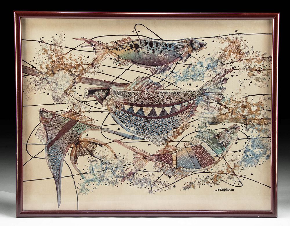 Appraisal: Vintage Signed Framed M Yono Batik Painting of Fish M