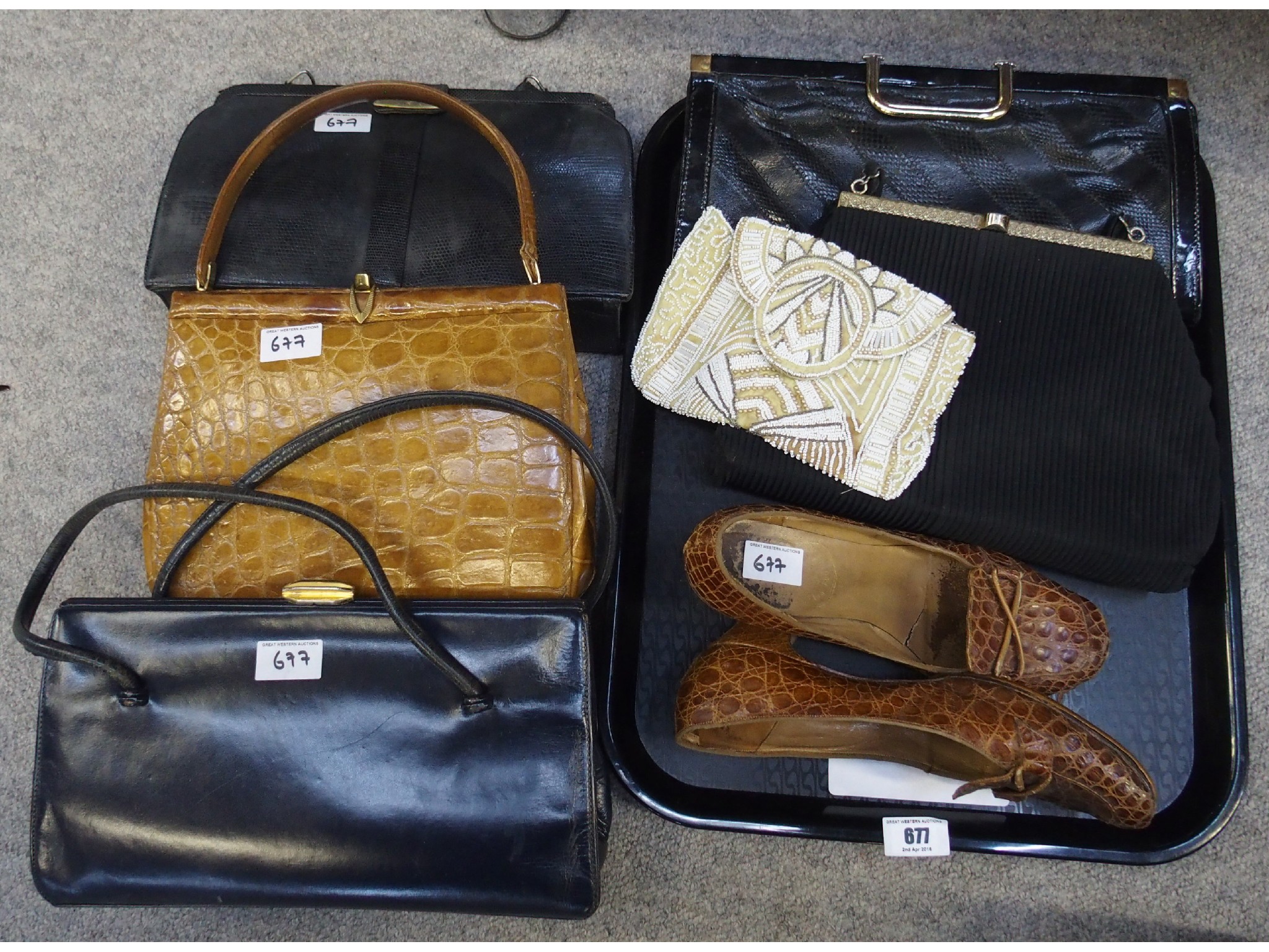 Appraisal: Fassbender crocodile handbag other handbags and a pair of shoes