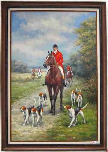 Appraisal: AMERICAN SCHOOL OIL ON CANVAS Fox hunters in red jackets