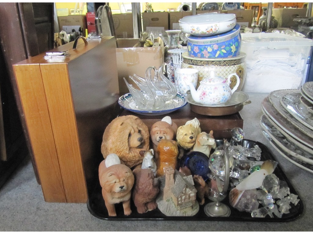 Appraisal: Tray lot to include crystal ornaments dog figures paint box