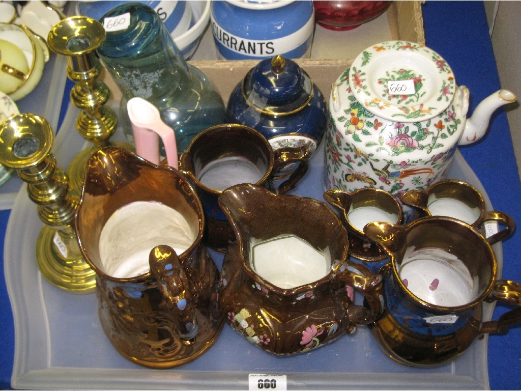 Appraisal: Lot comprising six copper lustre jugs oriental teapot pair of