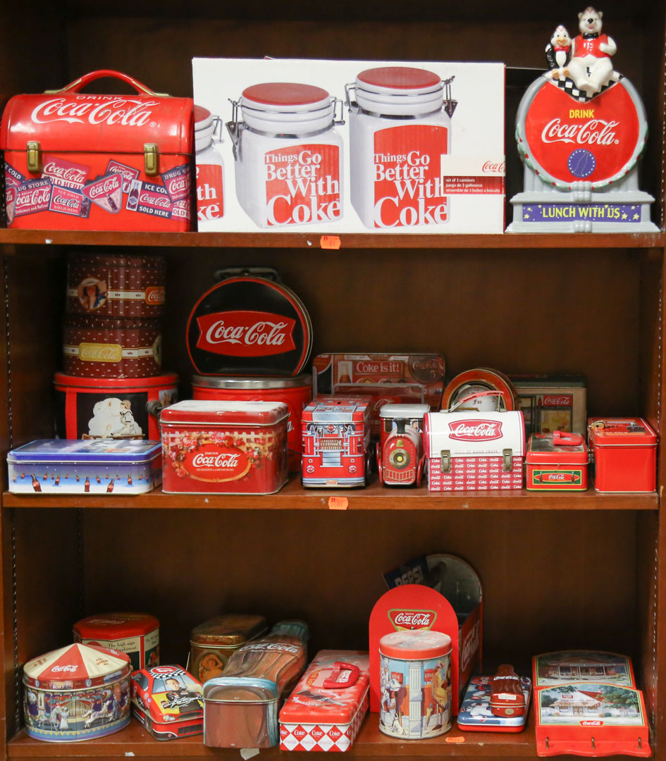 Appraisal: Three shelves of Coca-Cola collectibles and tins Undernumber