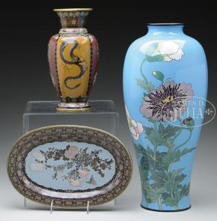 Appraisal: TWO CLOISONNE VASES ALONG WITH AN OVAL TRAY Meiji Period