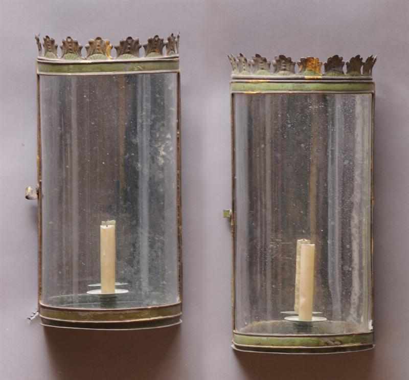 Appraisal: PAIR OF PEA GREEN PAINTED AND PARCEL-GILT TIN WALL LIGHTS