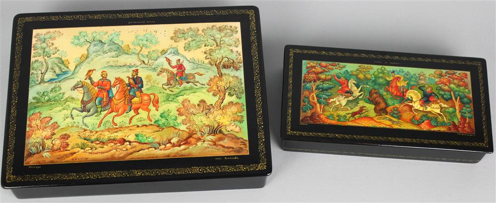 Appraisal: TWO MSTERA RUSSIAN LACQUER BOXES THE FALCON HUNT AND THE