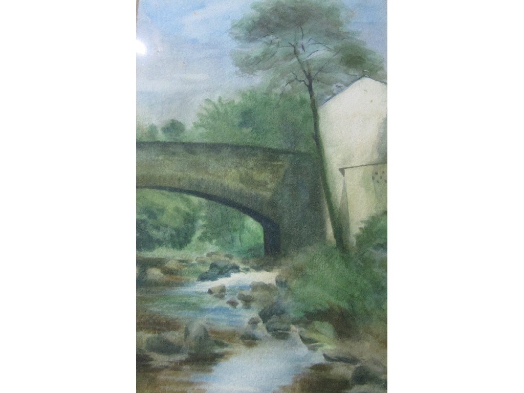 Appraisal: Watercolour river scene with a bridge