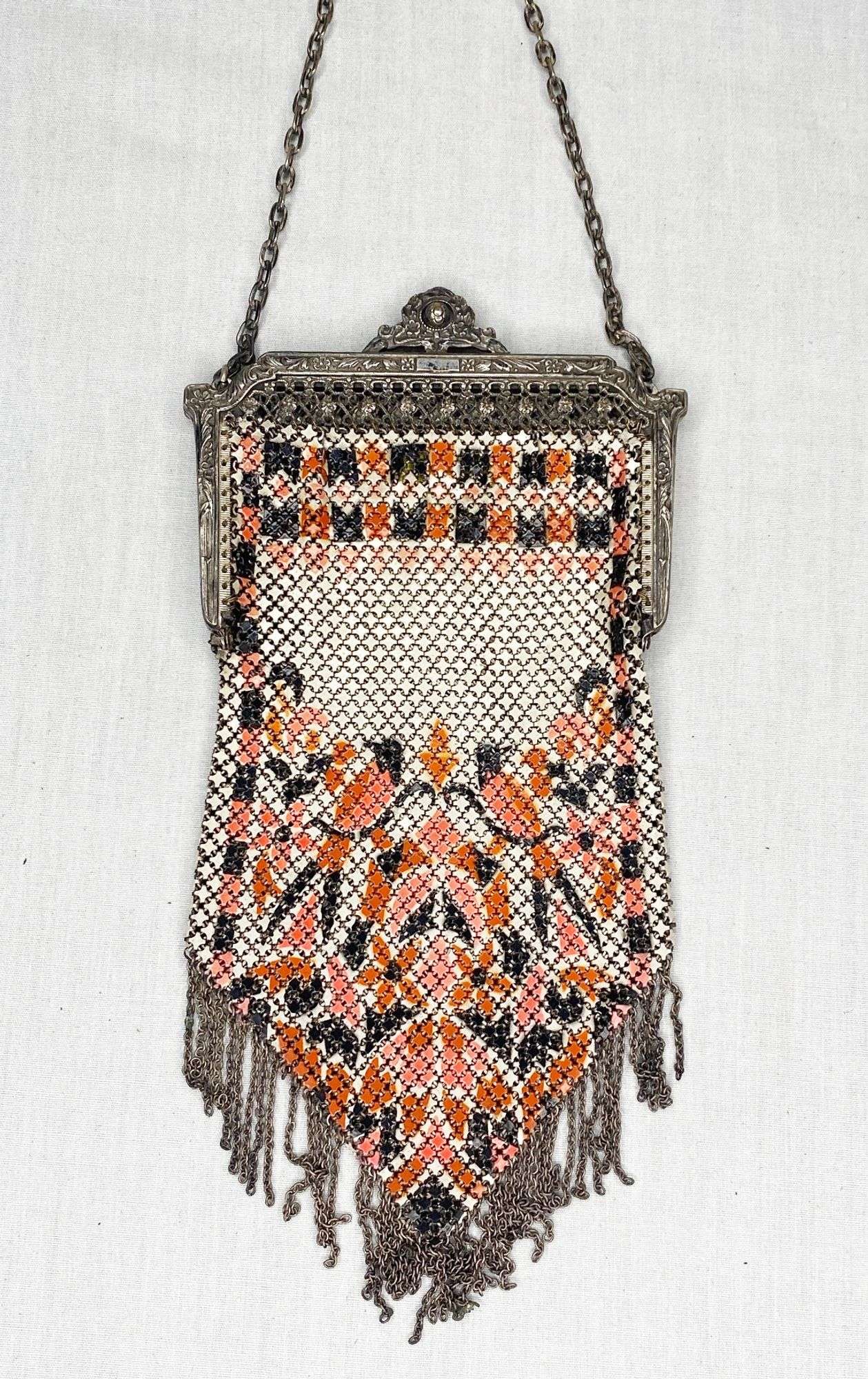 Appraisal: Mandalian Art Deco Enameled Mesh Hand Bag with Birds long