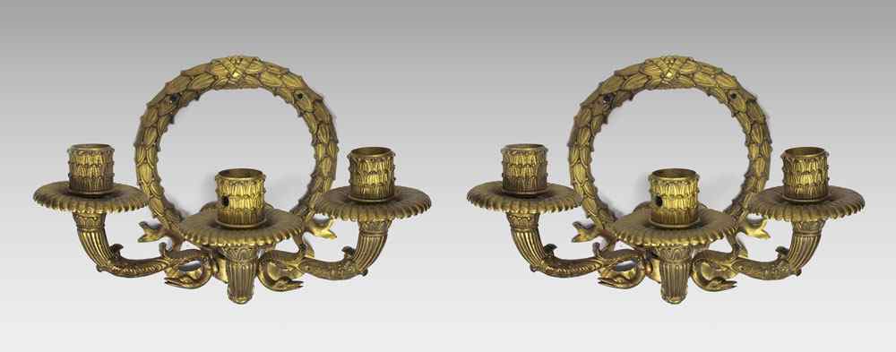 Appraisal: PAIR GILT METAL FRENCH LIGHT GAS SCONCES Figural swan supports