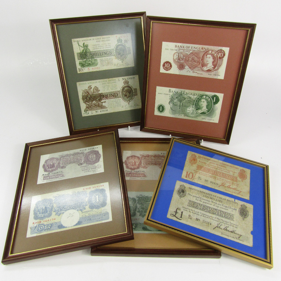 Appraisal: George V and later bank notes framed and glazed including