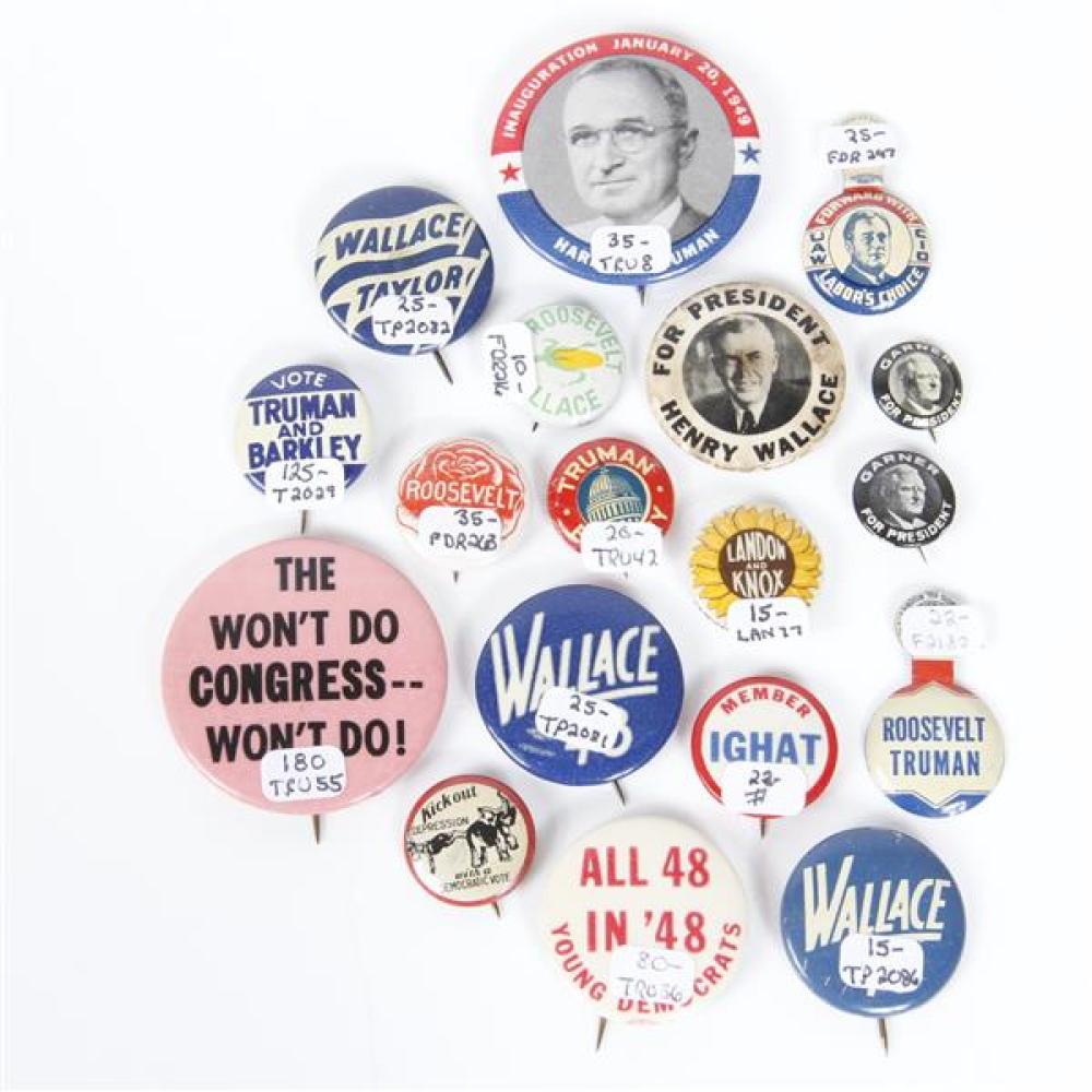 Appraisal: GROUP OF POLITICAL PRESIDENTIAL CAMPAIGN BUTTONS INCLUDING ROOSEVELT TRUMAN WALLACE